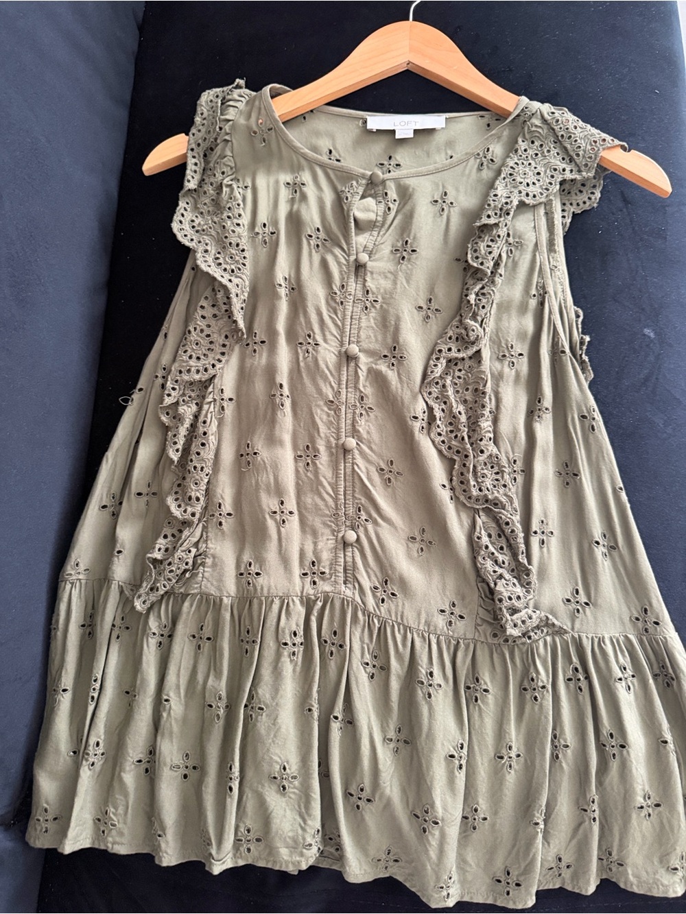 LOFT Olive Eyelet Ruffle Button-Front Tunic - Picture 2 of 3